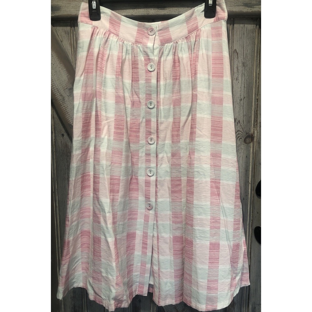 BCBGeneration Demure Plaid Pastel Skirt Button Front Pink Green White Small